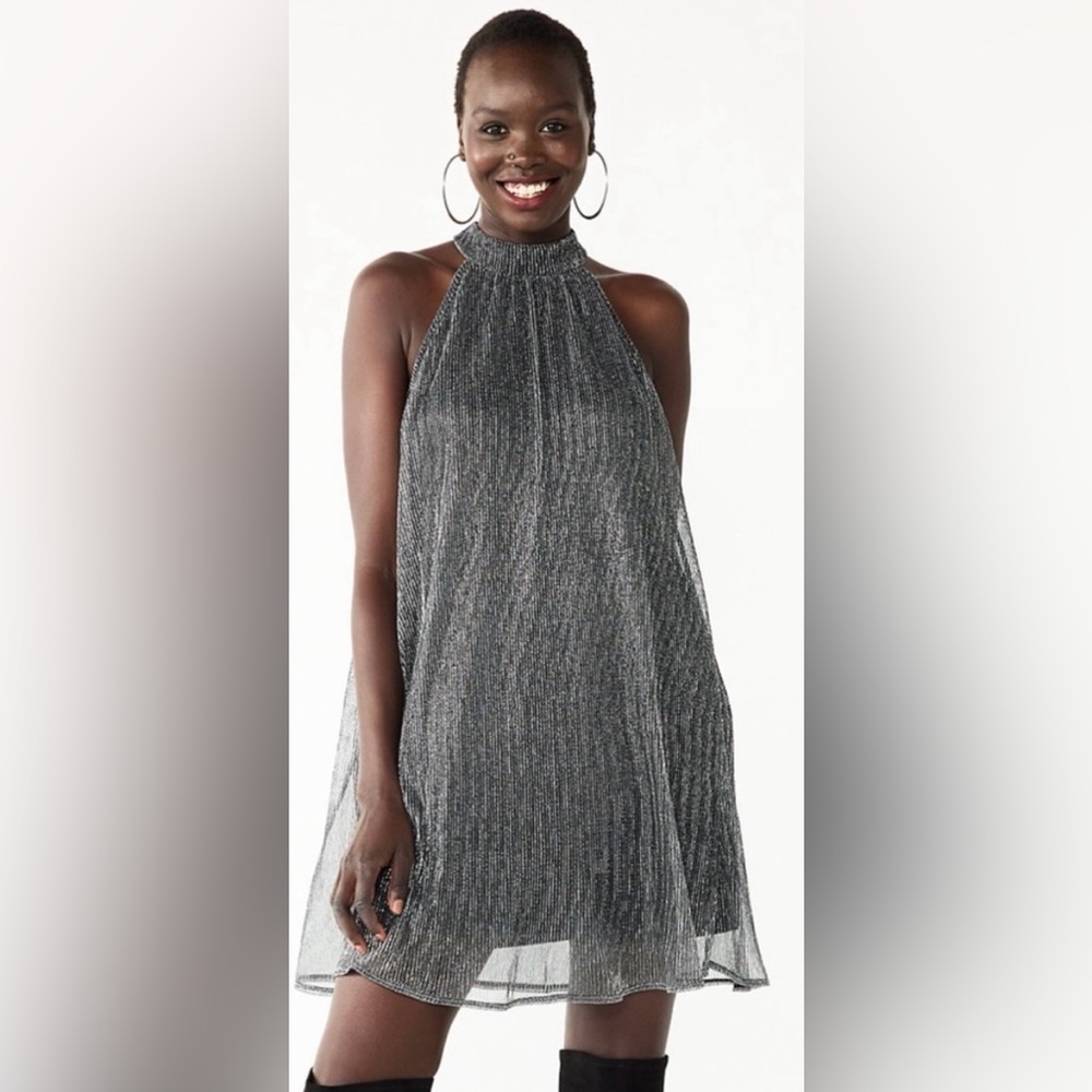Nine West Mock Neck Metallic Swing Dress